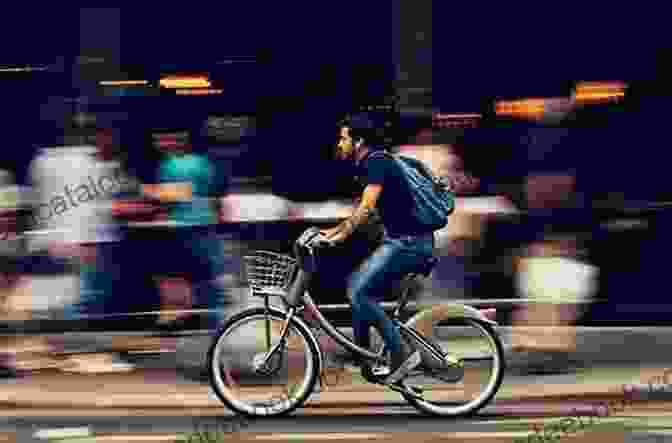 A Man Riding A Bike Through A Busy City Street, With The Avito Logo On His Backpack COMMUTE Tom Avito