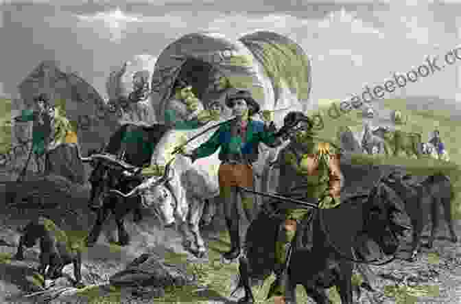 A Painting Depicting A Group Of Pioneers Crossing The Plains In Covered Wagons, With Native Americans On Horseback In The Distance. REVOLUTIONS IN THE WEST: VOLUME IV OF A HISTORY OF THE WEST